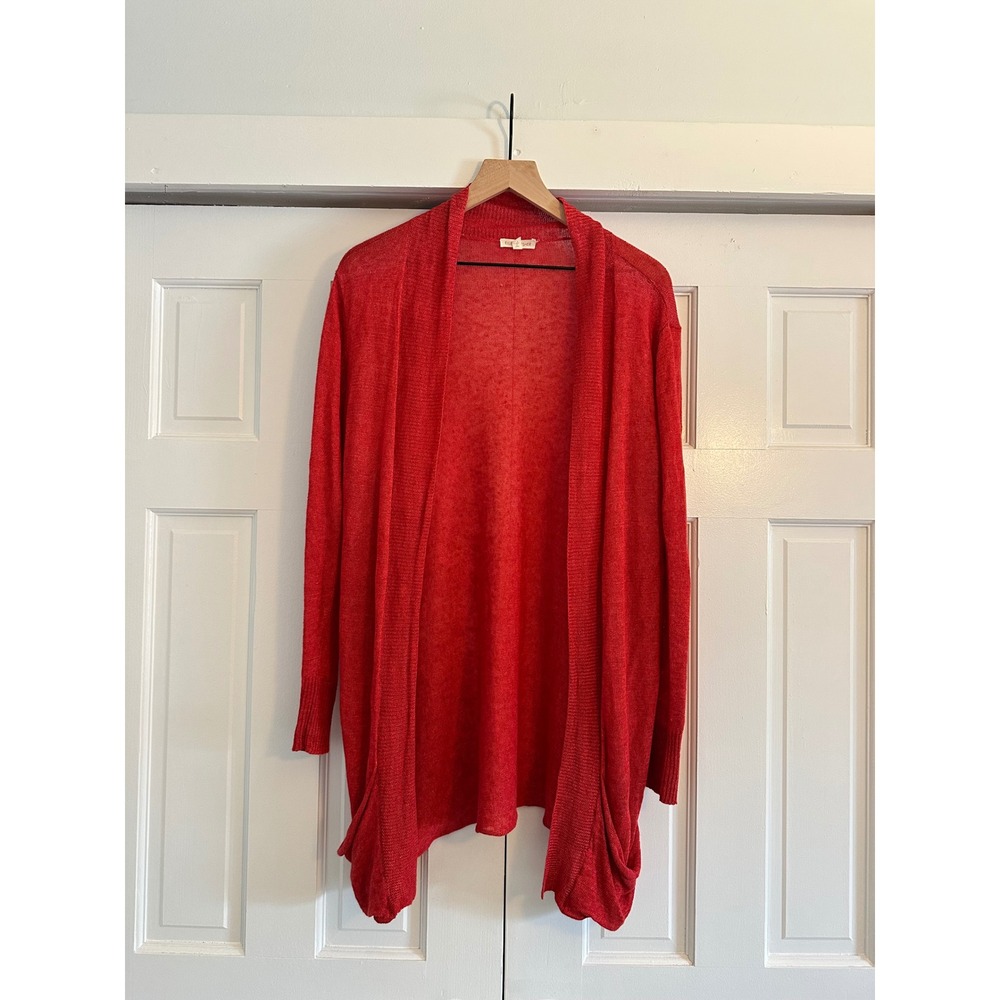 Eileen Fisher Red 100% Linen Italian Yarn Open Front Cardigan Sweater Womens M - Picture 1 of 5